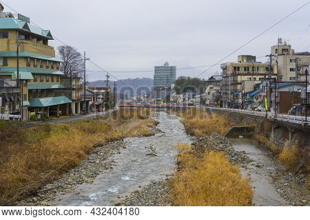 Nagano, Japan - Dec 16 ,2019 : View Of Yokoyu River And Cityscape Of Shibu Onsen In Nagano City, Jap
