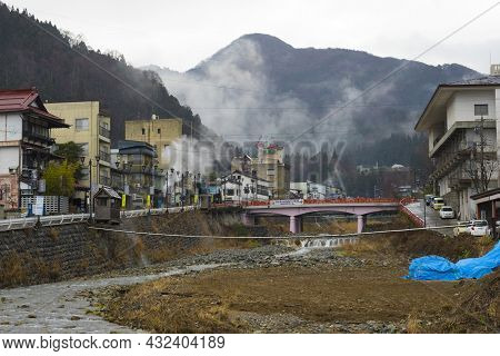 Nagano, Japan - Dec 16 ,2019 : View Of Yokoyu River And Cityscape Of Shibu Onsen In Nagano City, Jap