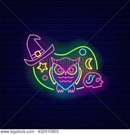 Happy Halloween Neon Concept. Owl And Witch Hat. Night Bright Signboard. Outer Glowing Effect Banner