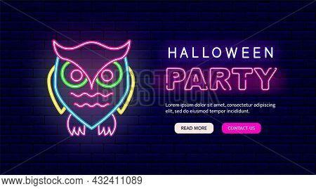 Halloween Party Neon Greeting Card. Colorful Neon Owl Icon. Night Bright Signboard. Outer Glowing Ef
