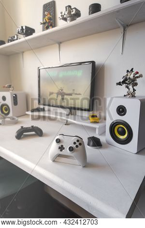 General View Home Workplace Of Gamer With Computer And Gamepad.