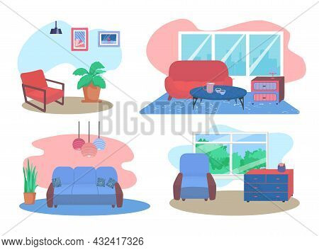 Comfortable Couch Relax Living Room Furniture, Design Concept Set Lounge Sitting Room Flat Vector Il