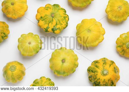 Fresh Ripe Pattypan Squashes On White Background, Top View