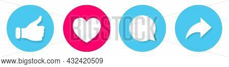 Thumb Up, Heart, Share Arrow Icon Collection. Social Media Button On Blue And Red Circles. Like Or L