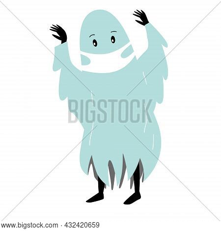 Child In Halloween Ghost Costume And Wear Protective Face Mask. Coronavirus Protection Illustration 