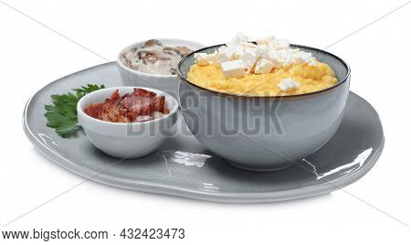 Tasty Banosh With Brynza, Pork Cracklings And Mushrooms On White Background. Traditional Ukrainian D