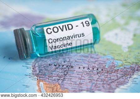 Bangkok, Thailand - July 1, 2021, Coronavirus Covid-19 Vaccine On Usa America Map, Development Medic