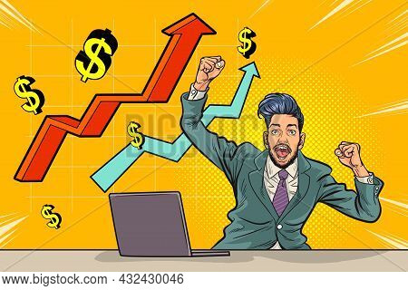 Pop Art Comics Successful Happy Business Man Celebrating In Falling Down Money.the Business Concept 