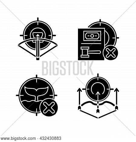 Hunting Provisions And Restrictions Black Glyph Icons Set On White Space. Archery. Bow And Crossbow.