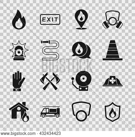 Set Fire Protection Shield, Firefighter Helmet, Traffic Cone, Location With Fire Flame, Hose Reel, F
