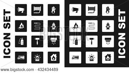 Set No Fire, Fire Hose Reel, Hand Holding A, Megaphone, Hydrant, Smoke Alarm System And Extinguisher