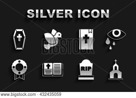 Set Holy Bible Book, Tear Cry Eye, Church Building, Tombstone With Rip Written, Memorial Wreath, Cof