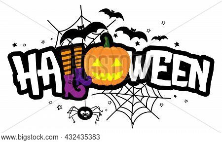 Happy Halloween - Halloween Quote On White Background With A Cute Hanging Spider And Jack O Lantern 
