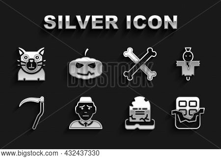 Set Priest, Scarecrow, Chocolate Bar, Tombstone With Rip Written, Scythe, Crossed Bones, Cat And Pum