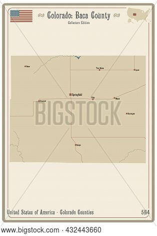 Map On An Old Playing Card Of Baca County In Colorado, Usa.