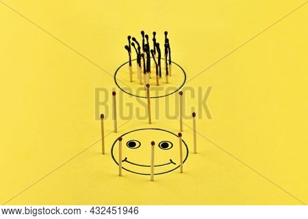 Сlosely Located Matchsticks Burnt, When Safe Distancing Between Matchsticks Prevents The Coronavirus