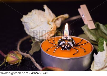 A Dry Dead White Rose And A Burning Spider Candle On The Black Background With Dead Leaves And A Rop