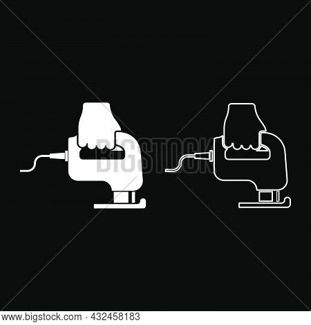 Electric Fretsaw Tool Hand Jig Saw In Use Arm Icon White Color Vector Illustration Flat Style Simple