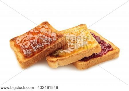 Fresh Toast With Butter And Different Jams Isolated On White Background. Top View