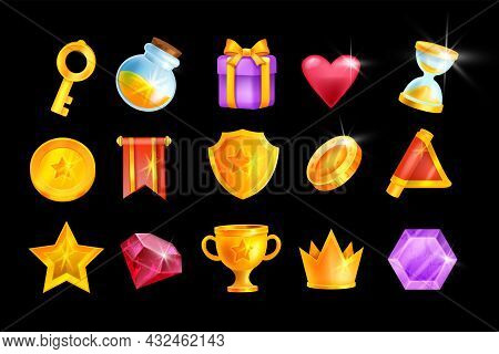Ui Game Icon Set, Vector Casino Mobile App Element Kit, Golden Shield, Award Medal, Trophy Cup, Gift