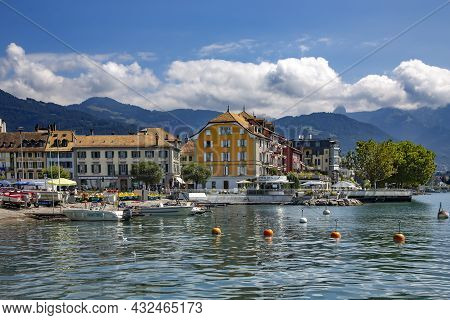 Switzerland, Vevey, August, 2021 - Beautiful Promenade With Modern Architecture In Vevey, Vaud Canto
