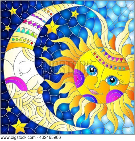 Illustration In The Style Of A Stained Glass Window With A Cute Sun And Moon On A Blue Sky Backgroun