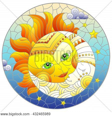 Illustration In The Style Of A Stained Glass Window With A Cute Sun And Moon On A Blue Sky Backgroun