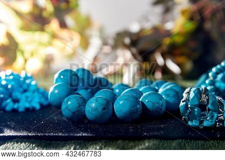 Beautiful Blue Beads. The Concept Of A Beautiful, Elegant Life And Beautiful Decoration For Woman