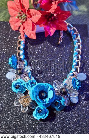 Beautiful Blue Beads. The Concept Of A Beautiful, Elegant Life And Beautiful Decoration For Woman