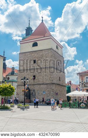 Zywiec, Poland - June 6, 2021: Stone Belfry (kamienna Dzwonnica) On Market Square In Zywiec.