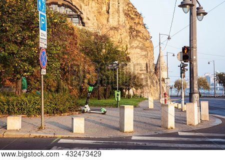 Budapest, Hungary - Oktober, 2019: Lime-s Electric Scooter Of The Company Lime In The Street In Buda