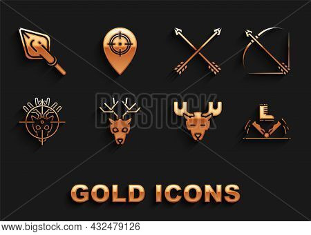 Set Deer Head With Antlers, Bow And Arrow In Quiver, Trap Hunting, Moose Horns, Hunt On Deer Crossha