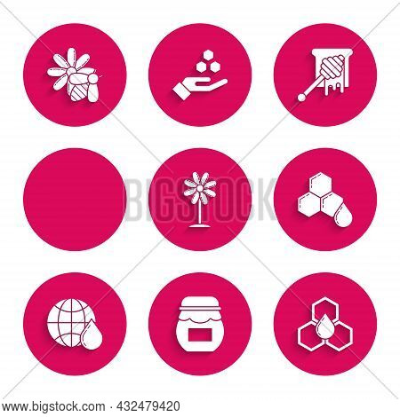 Set Flower, Jar Of Honey, Honeycomb, Map The World, Hive For Bees, Dipper Stick With Dripping And Be