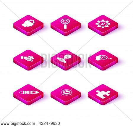 Set Rocket Ship With Fire, Target And Check Mark, Project Team Base, Human Head Lamp Bulb, Piece Of 