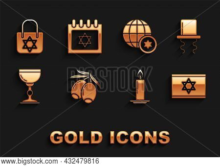 Set Olives Branch, Orthodox Jewish Hat With Sidelocks, Flag Of Israel, Burning Candle In Candlestick