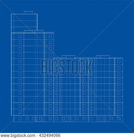 Vector Wire-frame Model Of A Multi-storey Residential Building. Construction Concept. Drawing Or Blu