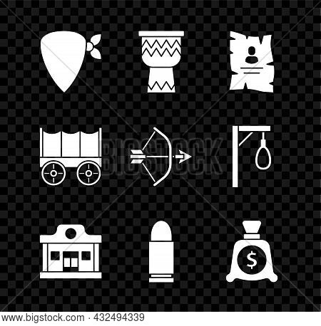 Set Cowboy Bandana, Drum, Wanted Western Poster, Wild Saloon, Bullet, Money Bag, Covered Wagon And B