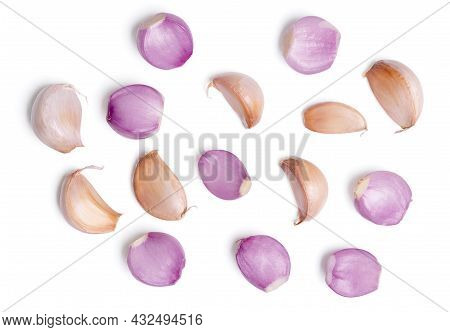 Isolated Onion And Gralic. Top View Onions And Gralic With Slice On White Background. Clipping Path.