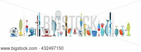 Fishing Accessories. Including Fish. A Variety Of Items Complete Set. Isolated On White Background. 