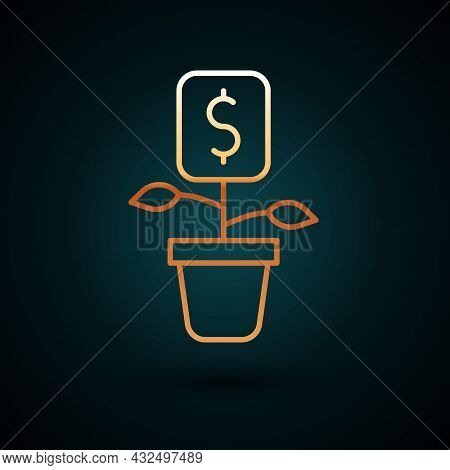 Gold Line Dollar Plant Icon Isolated On Dark Blue Background. Business Investment Growth Concept. Mo