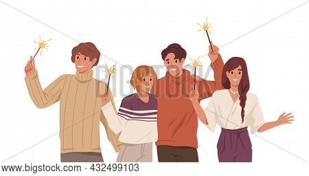Happy People With Holiday Sparklers In Hands. Portrait Of Friends Holding Burning Firework Sticks Wi