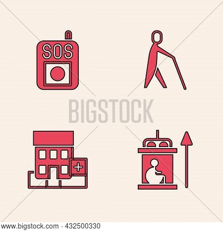 Set Elevator For Disabled, Press The Sos Button, Blind Human Holding Stick And Medical Hospital Buil