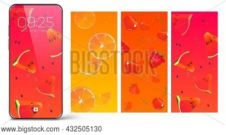 Smartphone Lock Screens, Mobile Phone Onboard Pages, Wallpaper With Fresh Fruits, Date, Week Day And