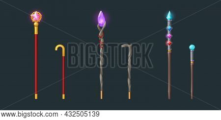 Walking Sticks And Magic Staves For Wizard Or Magician. Vector Cartoon Set Of Sorcerer Wooden And Go