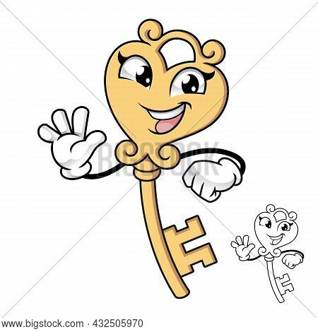 Old Key Waving Her Hand With Line Art Drawing, Security Object, Vector Character Illustration, Carto