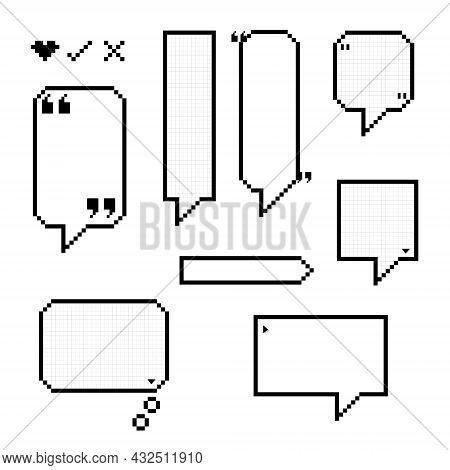 Collection Set Of Retro Game 8 Bit Pixel Speech Bubble Balloon Black And White Color, Flat Design Ve