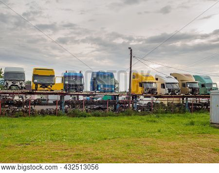 Rostov Region. Russia. July 23, 2021. Standing In A Row Used Cabs Of Trucks. Sale Of Spare Parts For