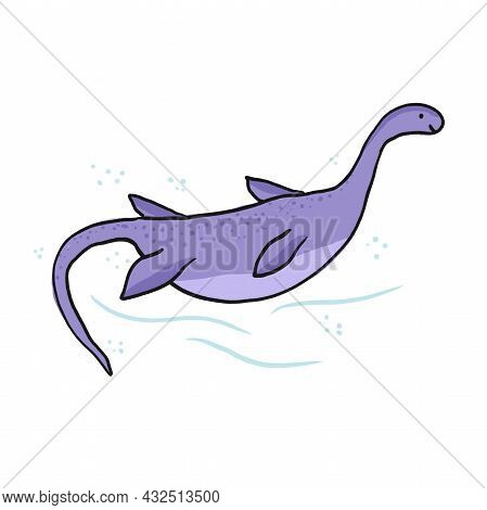 Cute Sketch Hand Drawn Purple Color Plesiosaurus Illustration. Bright Cartoon Childish Funny Dinosau