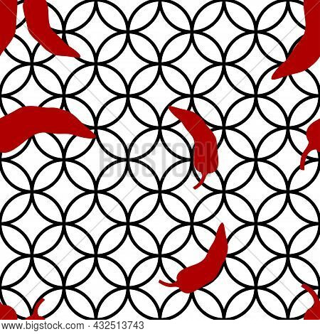 Red Pepper On Geometry Background Vector Seamless Pattern. Mexican Chili Vegetable. Hot Paprika Text