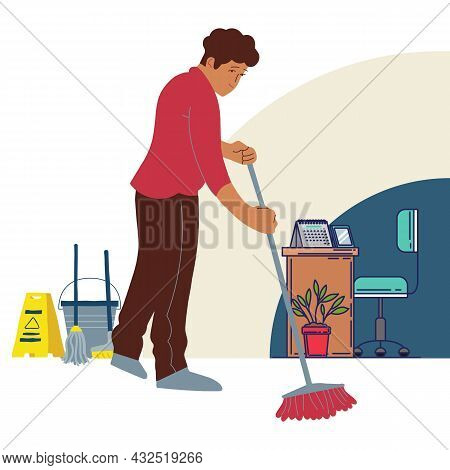 Cleaner  Man Cleaner Working & Cleaning Office Space.